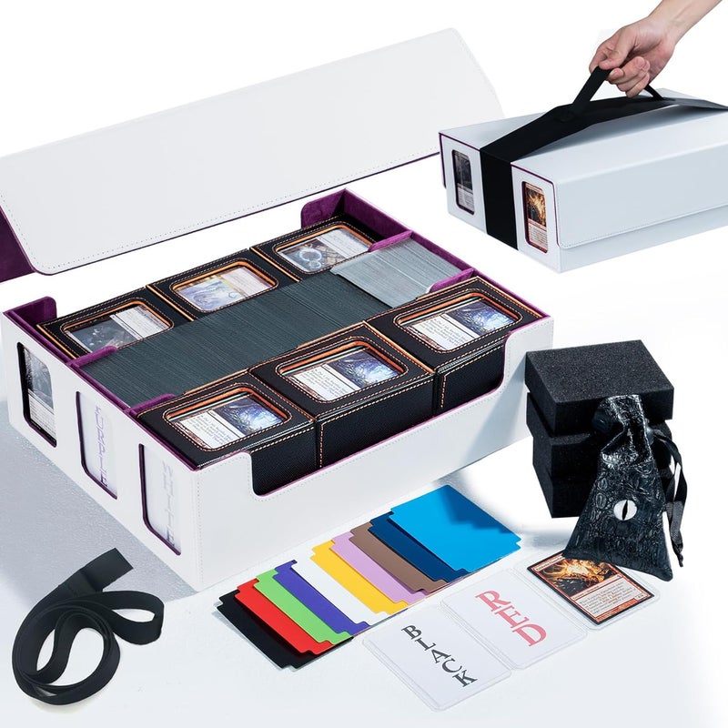 Scimi Extra Large Card Storage Box Holds 3600+ Cards Compatible with 12 Small Deck Boxes, Includes Cthulhu Dice Bag, 10 Colorful Dividers, 4 Protective Foam Pads, Perfect for MTG (W/P) - Image 1